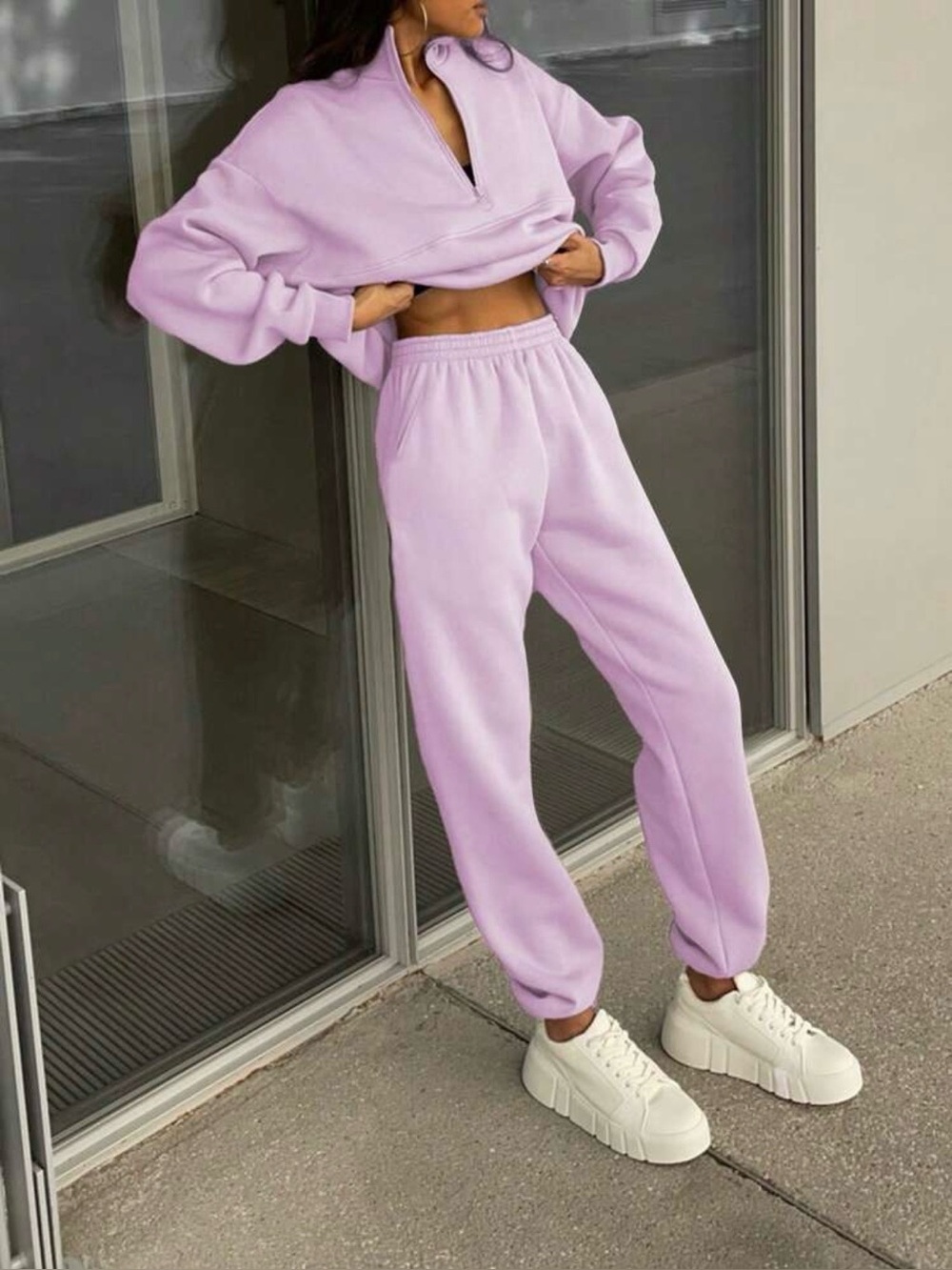 Women's Zippered
Half-Placket Drop Shoulder Sweatshirt And Joggers
Tracksuit Set